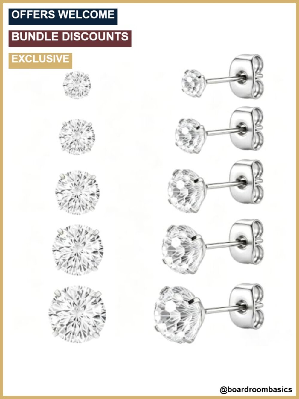 G23 Titanium Stud Earrings Set Fireworks Cut Cubic Zirconia Butterfly Back 5